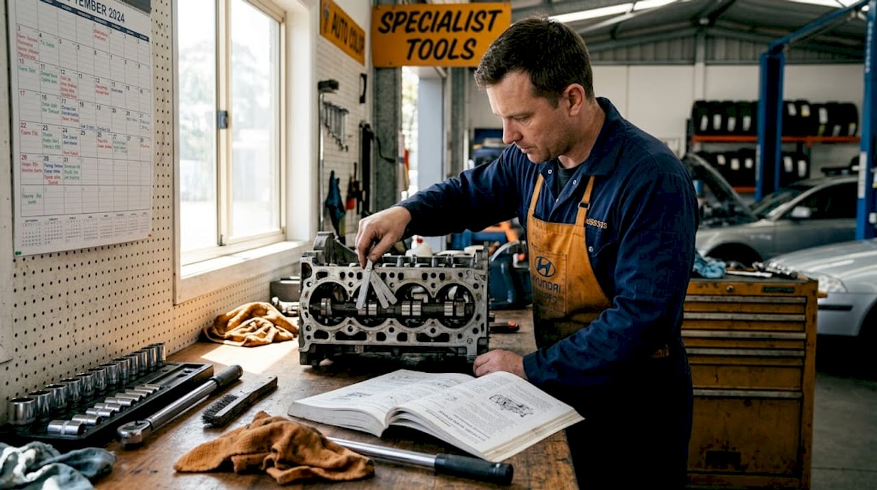 Technician inspecting parts in auto workshop