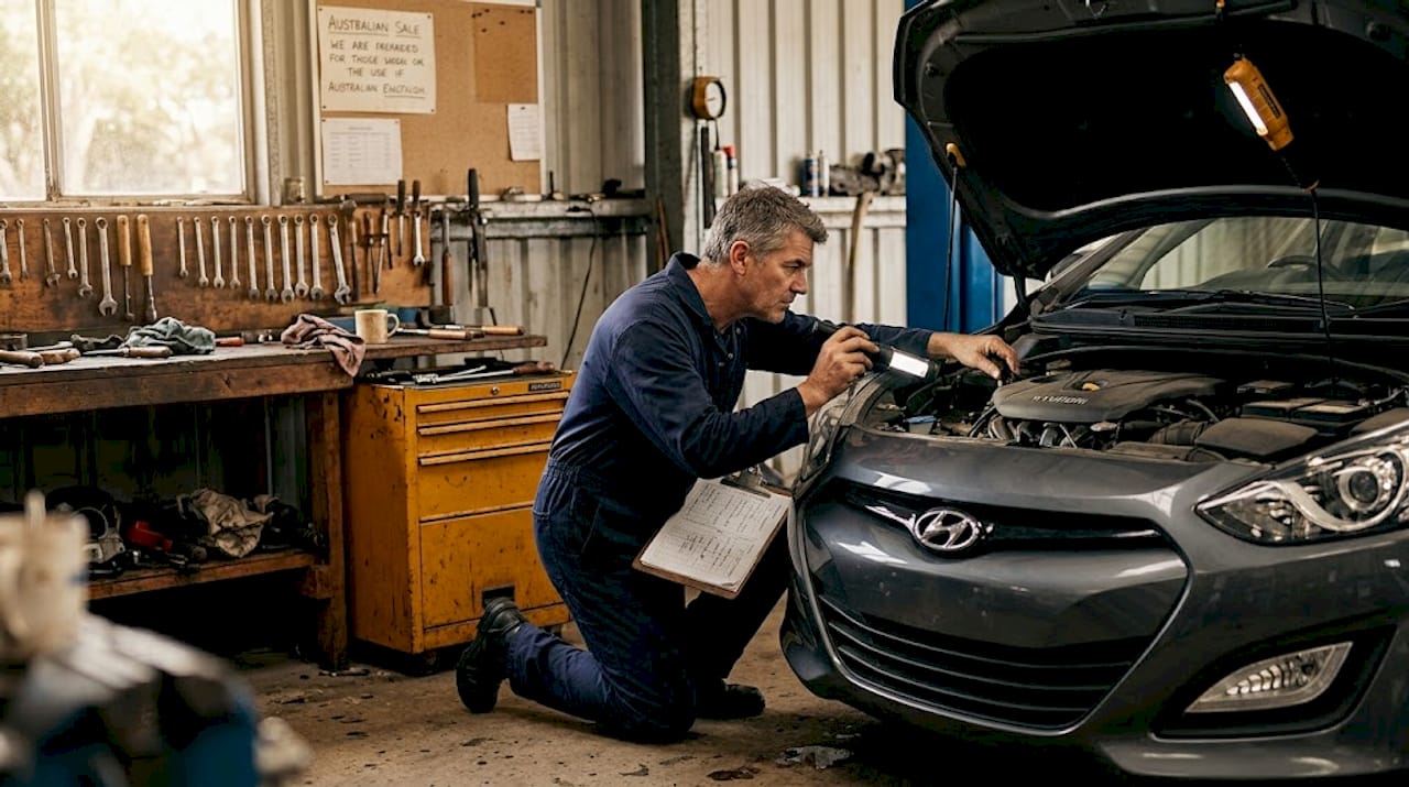 Mechanic inspecting Hyundai engine for faults